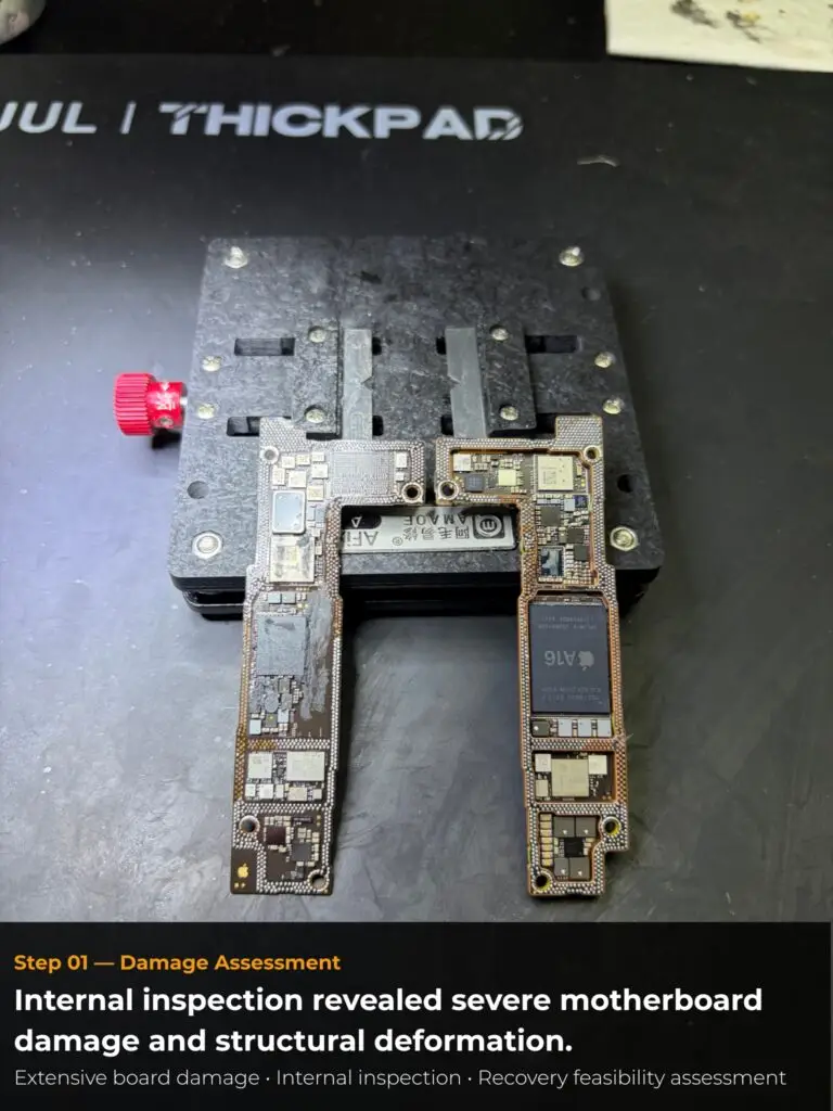 iPhone 15 motherboard damage assessment during data recovery