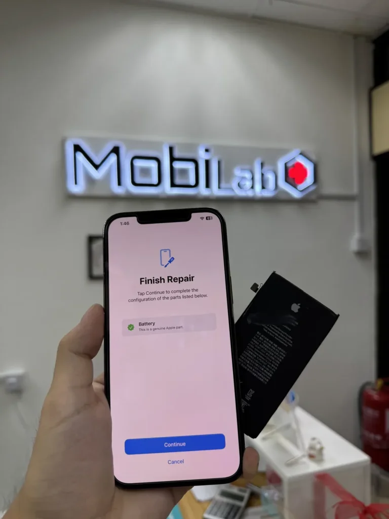 iPhone showing a Finish Repair screen after battery replacement