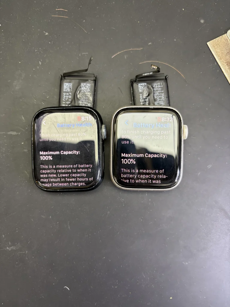 Apple Watch battery replacement showing 100 percent battery health after repair